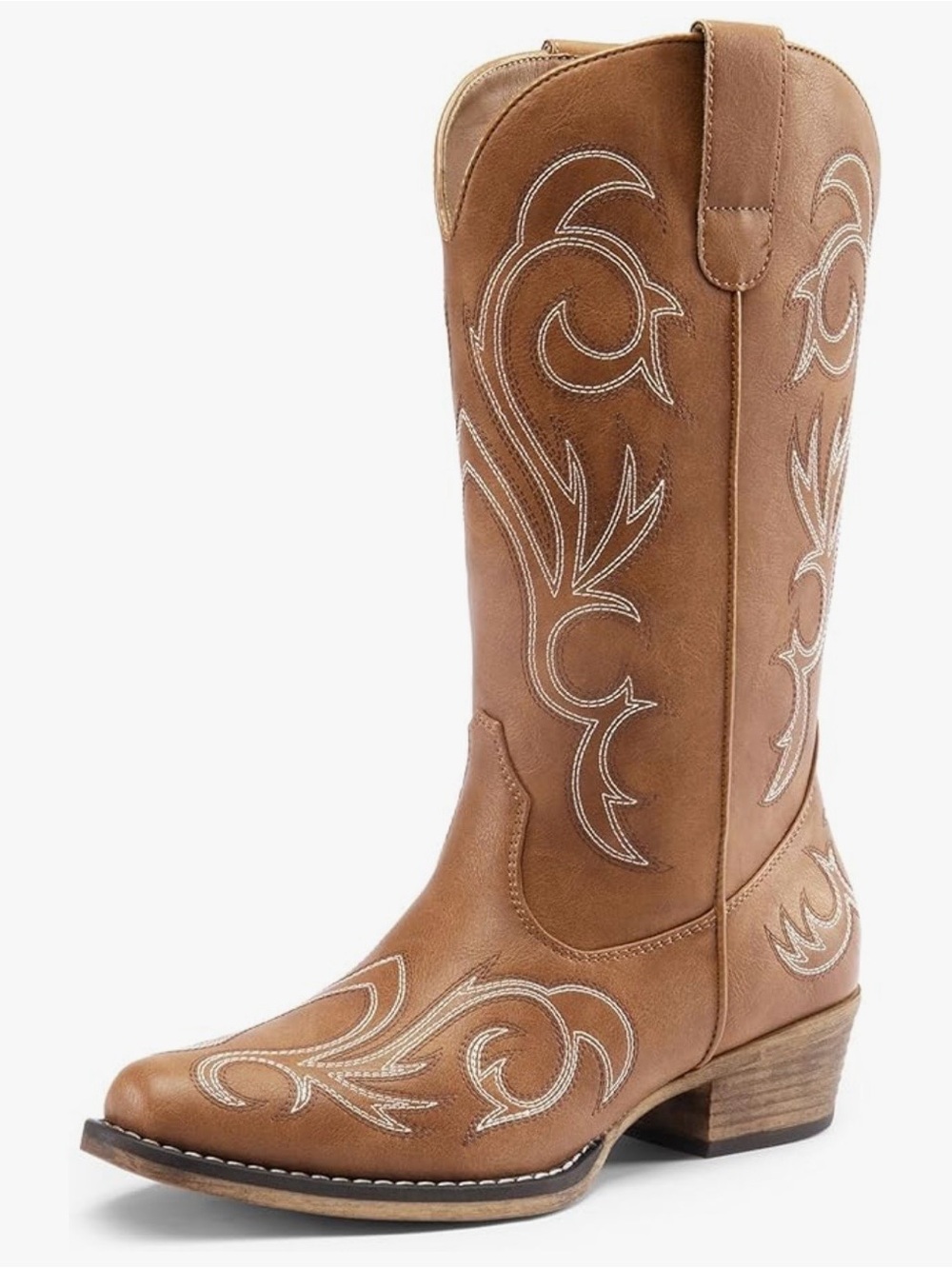 Dream Pairs Tan Western Embroidered Mid-Calf Heeled Boots